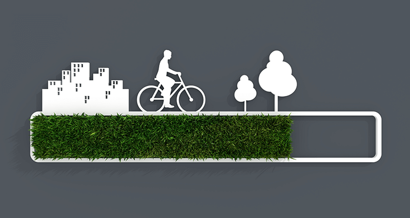 Concept of infrastructure and people promoting a greener lifestyle. 