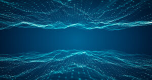 Abstract representation of digital data flowing on a blue background.
