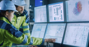 Project engineer talks to an operator who’s using machine learning enhanced assembly process.