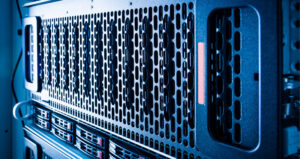 Close-up of a server rack in a data center.