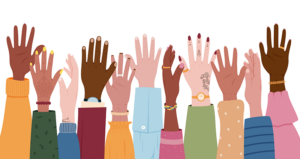 People of different backgrounds raise their hands in support.